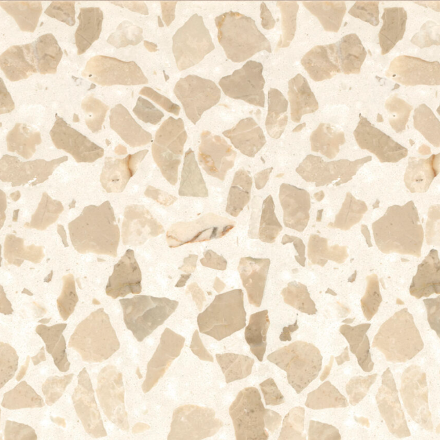 Carrelage Terrazzo Ivoire Prestige au fond clair, composé de larges éclats de marbre beiges et ivoire, pour revêtement de sol et mur.