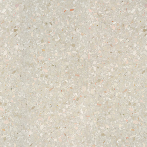 Carrelage Terrazzo Ivoire Rosé au fond neutre clair, parsemé de fines particules de marbre et de nuances roses délicates, pour sol et mur.