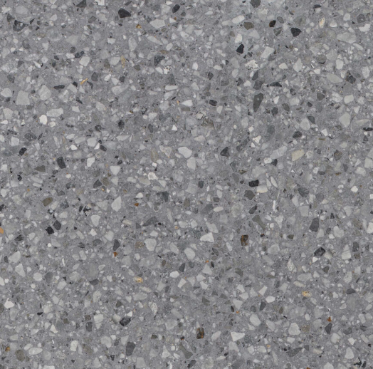 Carrelage Terrazzo Gris Anthracite au fond gris foncé, ponctué d'éclats de marbre blancs, gris et noirs, pour revêtement de sol et mur.