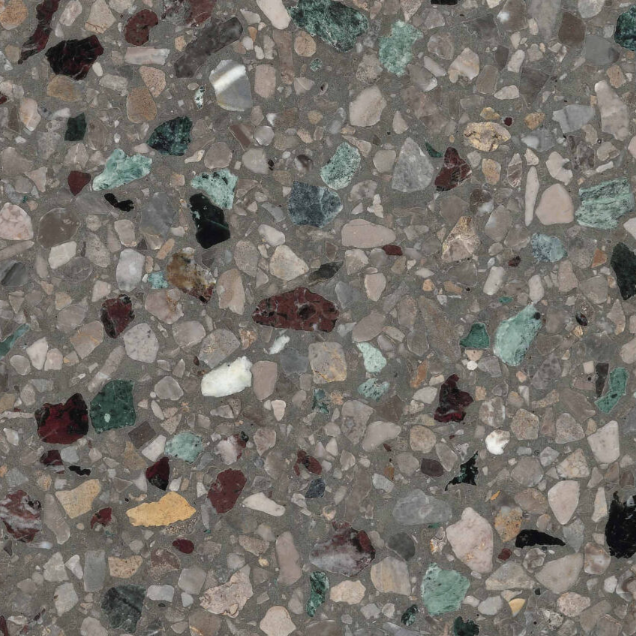 Carrelage Terrazzo Ivoire Multicolore au fond clair et neutre, ponctué de fragments de marbre gris, verts, ocre et bruns, pour revêtement de sol et mur.