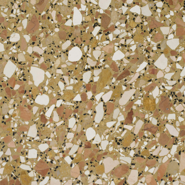 Carrelage Terrazzo Jaune Mosaïque au fond jaune chaud, ponctué de granulats multicolores rouges, beiges, blancs et noirs, pour revêtement de sol et mur.