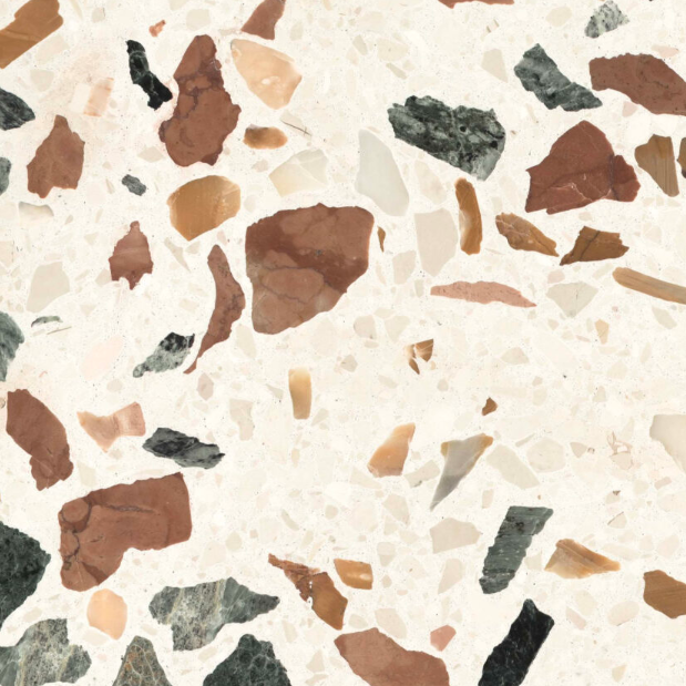 Carrelage Terrazzo Murano Multicolore au fond clair, composé de fragments de marbre rouges, ocre, bruns, verts et noirs, inspiré du terrazzo vénitien.