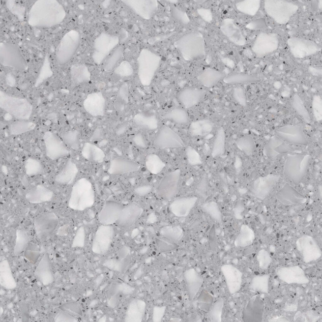 Carrelage Terrazzo Gris Vénitien composé d'une base en ciment gris et de grands éclats de marbre blanc, pour revêtement de sol et mur.