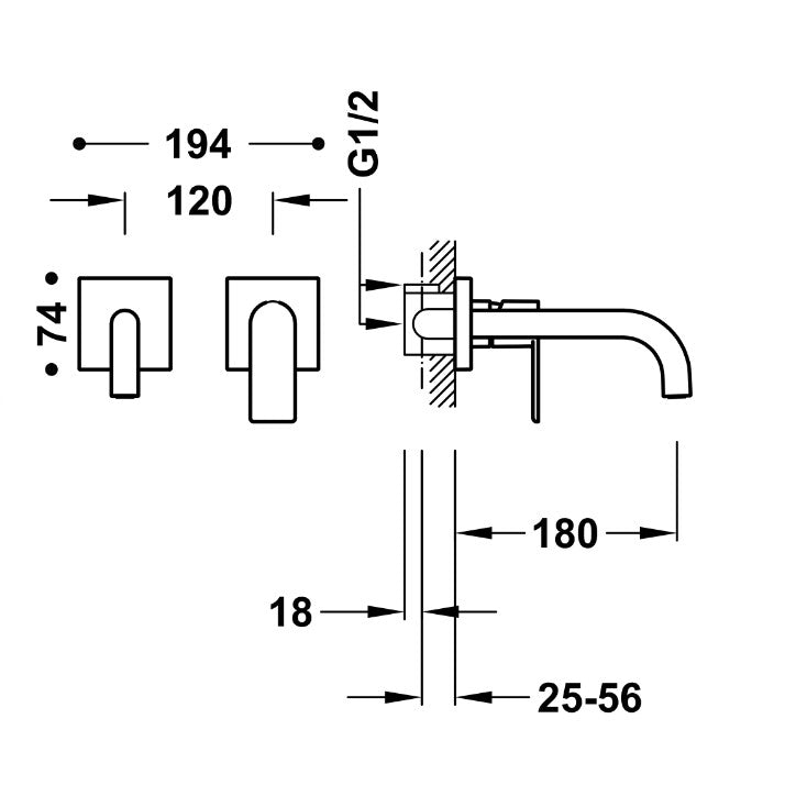 Mitigeur lavabo encastré, 20030001AC-ACIER bec 180mm