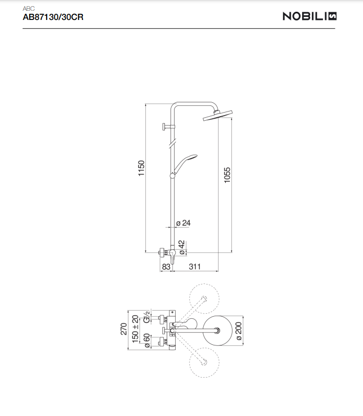 COLONNE DOUCHE, MITIGEUR MONOCOMMANDE MURAL AB87130/30CR, ABC - L'Atelier By AC