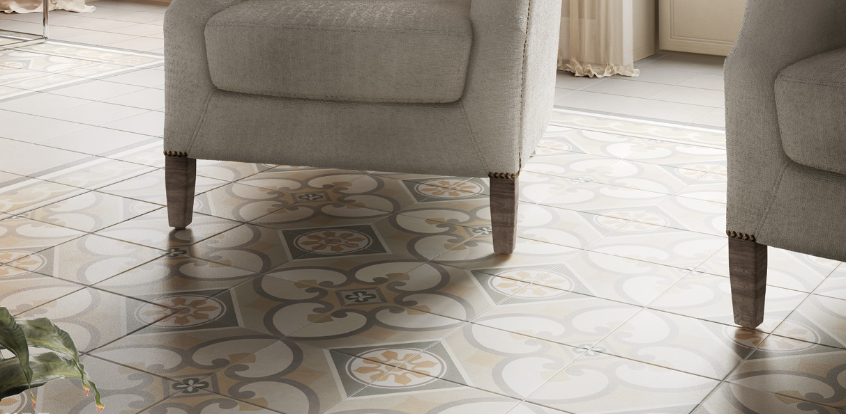 Carrelage imitation ciment rosace taupe ocre 20x20 cm CAPRICE LOIRE - L'Atelier By AC
