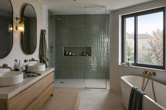 Salle de bain moderne avec douche à l'italienne double vasque et éclairage LED