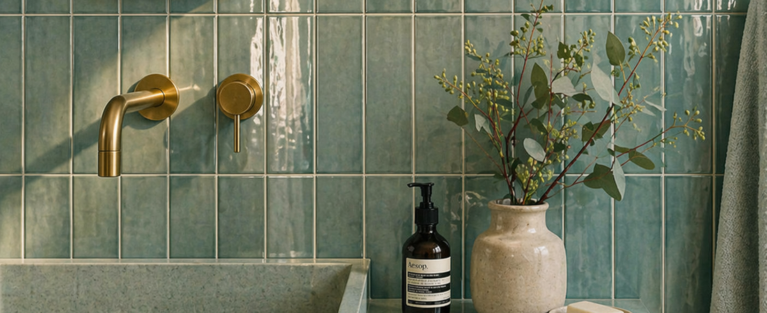 carrelage bleu vert avec joint finition brillante salle de bain luxe