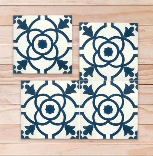 4 Carreau de ciment contemporain de couleur blanche a motif de couleur bleu 
