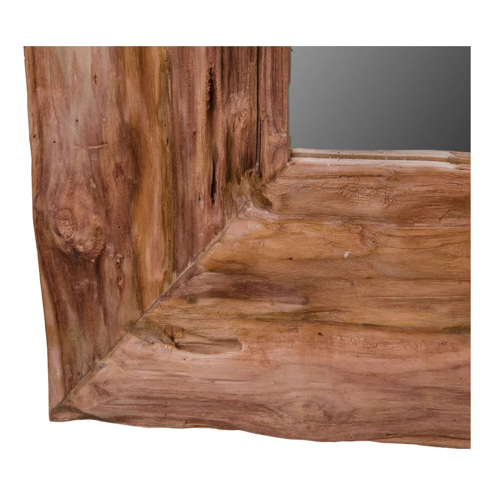 Détail d’un angle du miroir Granada et de son cadre authentique en teck naturel