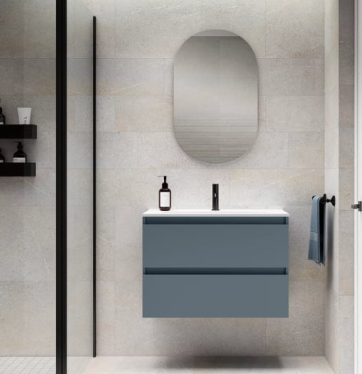 Meuble de salle de bain suspendu 2 tiroirs bleu vue de face