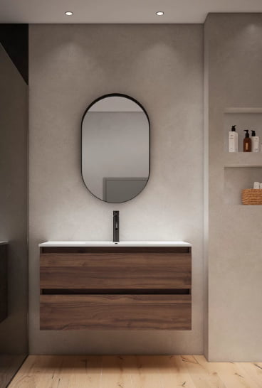 Meuble de salle de bain suspendu 2 tiroirs en bois foncé vue de face