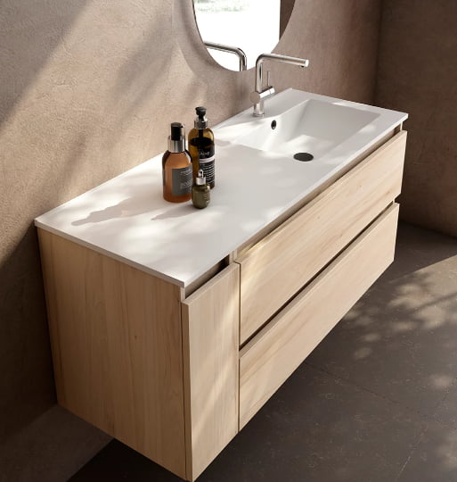 Meuble de salle de bain suspendu 2 tiroirs en bois clair vue d'en haut trois quart