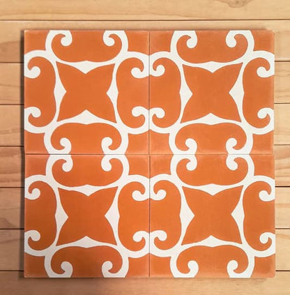 4 Carreau de ciment contemporain fond terracotta motif blanc 
