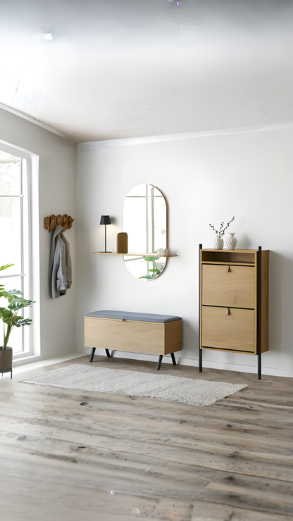 Miroir mural Barco avec étagère dans une entrée moderne apportant rangement et profondeur