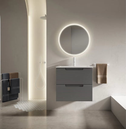 Meuble de salle de bain suspendu gris bleu, vue de face