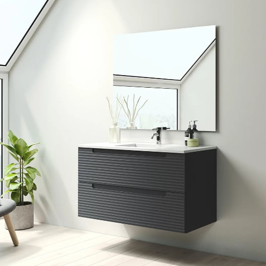 Meuble de salle de bain suspendu en noir, vue de trois-quarts