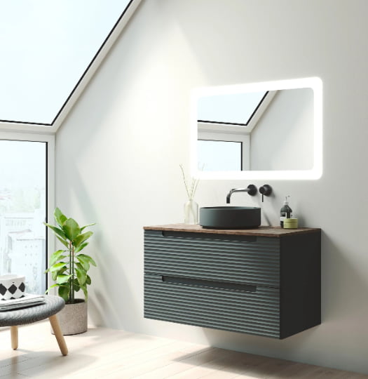 Meuble de salle de bain suspendu en vert foncé, vue de trois-quarts