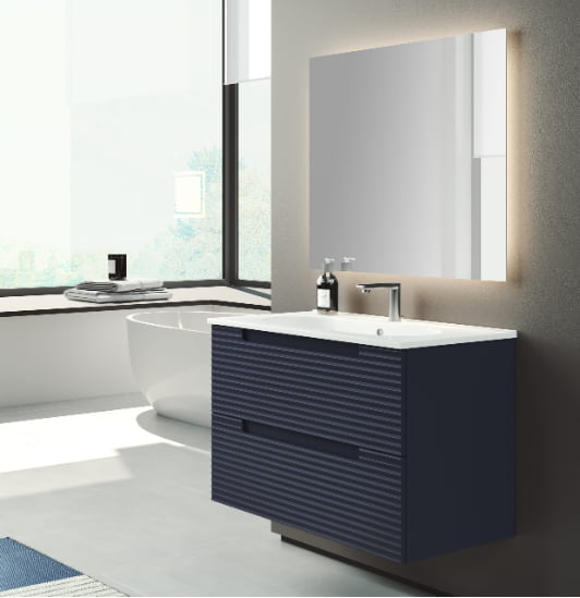 Meuble de salle de bain suspendu en bleu foncé, vue de trois-quarts