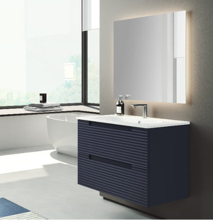 Meuble de salle de bain suspendu en bleu foncé, vue de trois-quarts