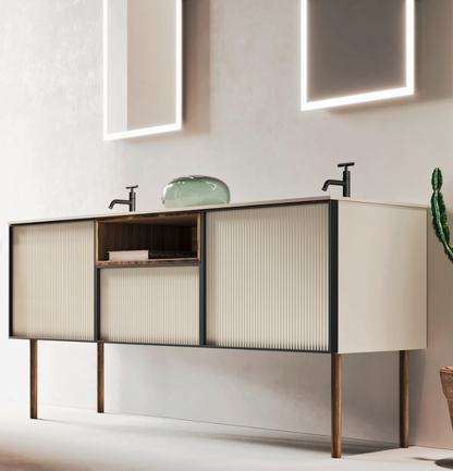 Meuble salle de bain sur pieds QUADRO METALLO  en verre striée  L. 180,8 - P. 52,0