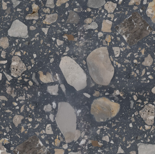 Carrelage Terrazzo Ceppo Graphite au fond gris foncé, composé de fragments de marbre gris, beiges et ivoire de différentes tailles, inspiré de la pierre naturelle.