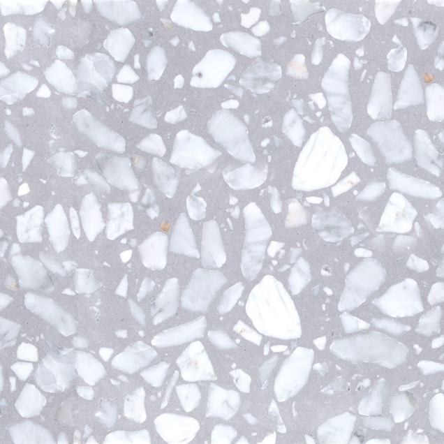 Carrelage Terrazzo Gris Éclat au fond gris clair, composé de larges fragments de marbre blanc, pour revêtement de sol et mur.