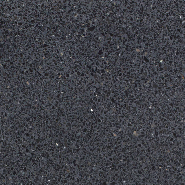 Carrelage Terrazzo Noir Intense au fond noir profond et compact, ponctué de fragments de marbre sombre, pour revêtement de sol et mur.
