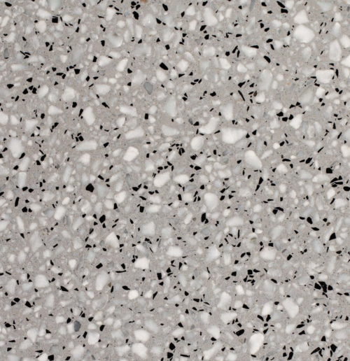 Carrelage Terrazzo Gris Graphite au fond gris moyen, ponctué de fines inclusions noires et blanches, pour revêtement de sol et mur.