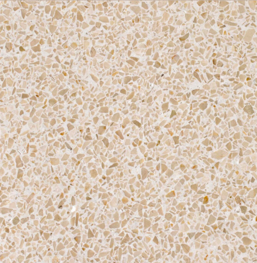 Carrelage Terrazzo Beige Crème au fond beige clair, ponctué de fins éclats de marbre uniformes, pour revêtement de sol et mur.