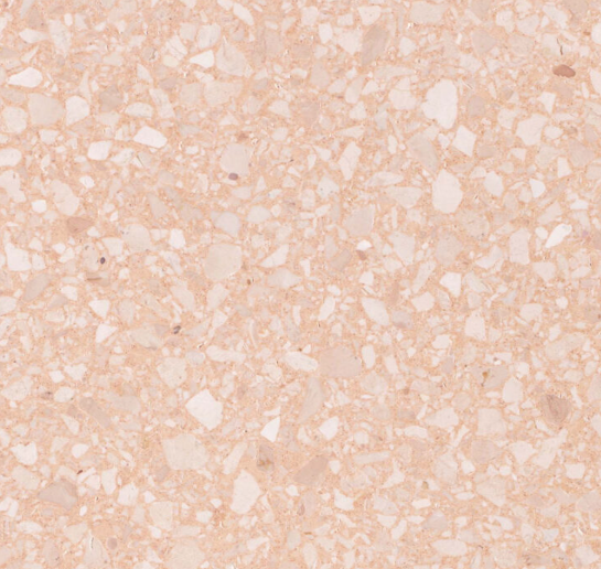 Carrelage Terrazzo Rose Poudré au fond rose pâle, ponctué d'éclats de marbre roses, beiges et blancs, pour revêtement de sol et mur.
