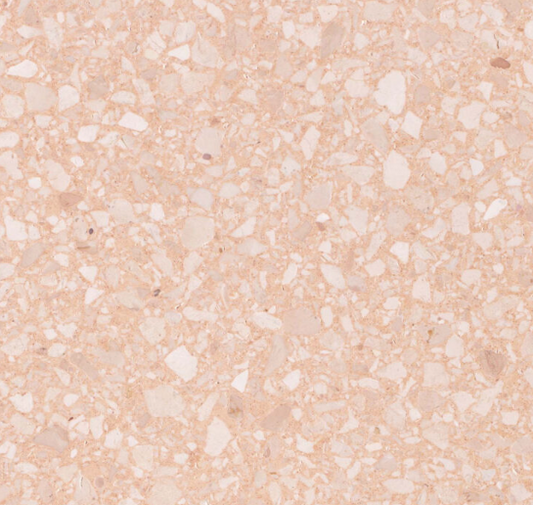 Carrelage Terrazzo Rose Poudré au fond rose pâle, ponctué d'éclats de marbre roses, beiges et blancs, pour revêtement de sol et mur.
