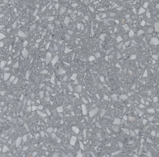 Carrelage Terrazzo Gris Marbré au fond gris moyen, ponctué de fragments de marbre blanc lumineux, pour revêtement de sol et mur.