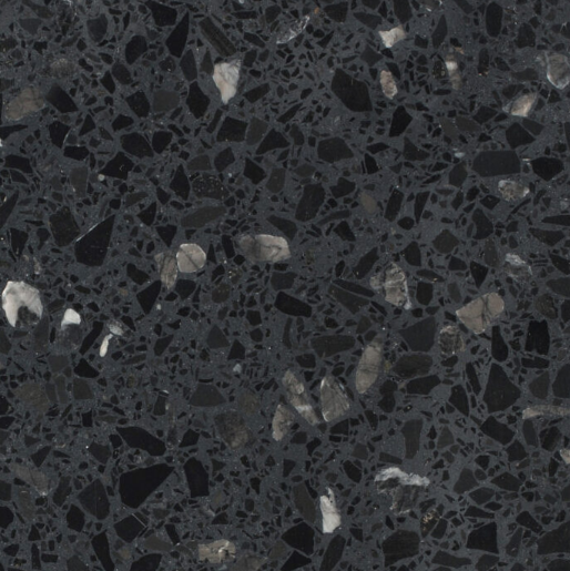 Carrelage Terrazzo Noir Veiné au fond noir profond, ponctué de fragments de marbre veinés de gris et de blanc, pour revêtement de sol et mur.