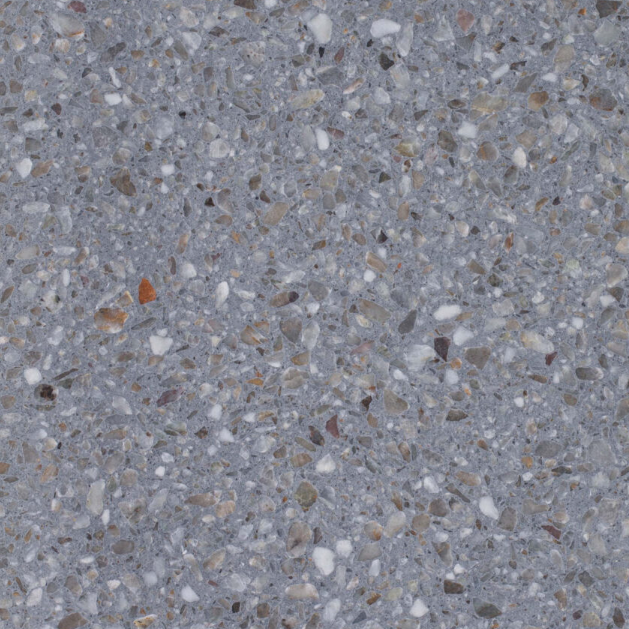 Carrelage Terrazzo Gris Taupe au fond gris chaud, ponctué d'éclats de marbre beiges, bruns et blancs, pour revêtement de sol et mur.