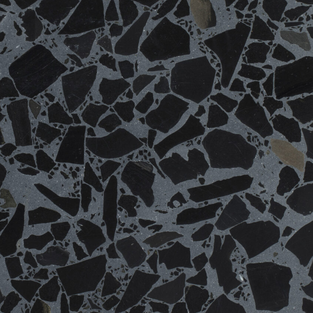 Carrelage Terrazzo Burano Taupe au fond gris-brun, composé de fines particules de marbre beige, noir et gris, avec un aspect compact et homogène.