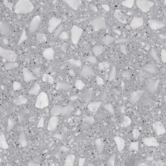 Carrelage Terrazzo Gris Vénitien composé d'une base en ciment gris et de grands éclats de marbre blanc, pour revêtement de sol et mur.