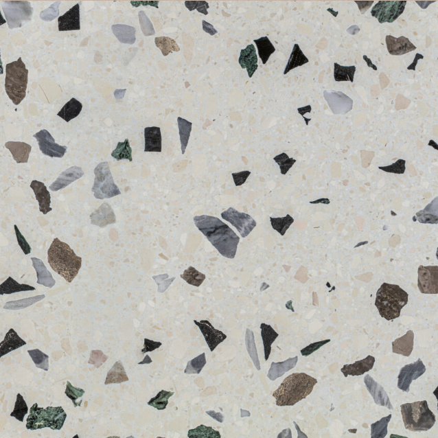 Carrelage Terrazzo Campalto Minéral au fond clair, composé de grands fragments de marbre irréguliers noirs, gris, verts foncés et beiges, avec un aspect graphique et contrasté.