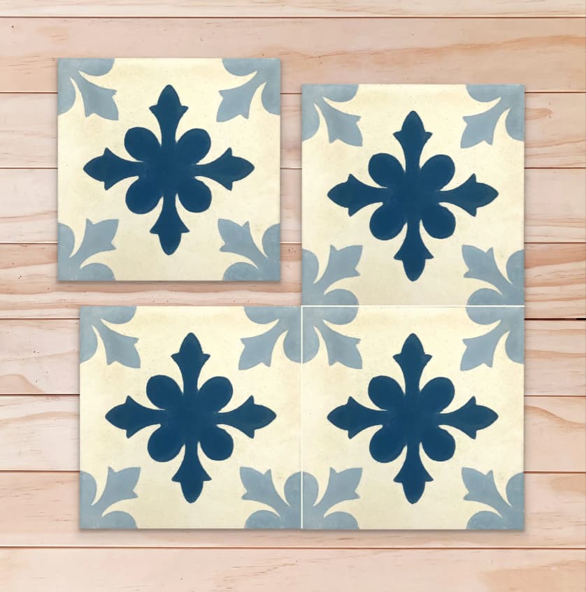Carreau de ciment floral fond crème motif bleu clair/foncé