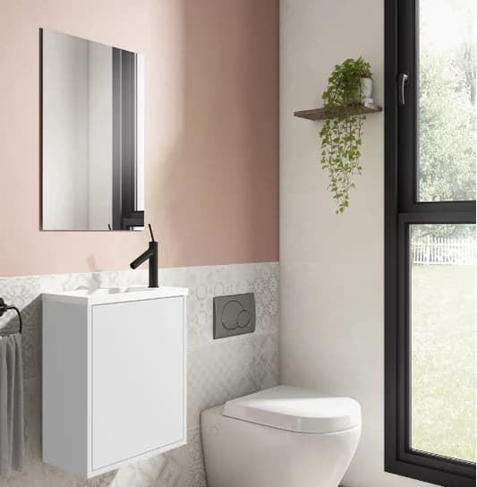 Meuble vasque Blanc + miroir vue de trois-quart