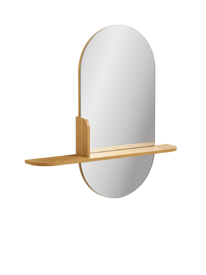 Vue trois quarts du miroir Barco avec étagère murale design minimaliste