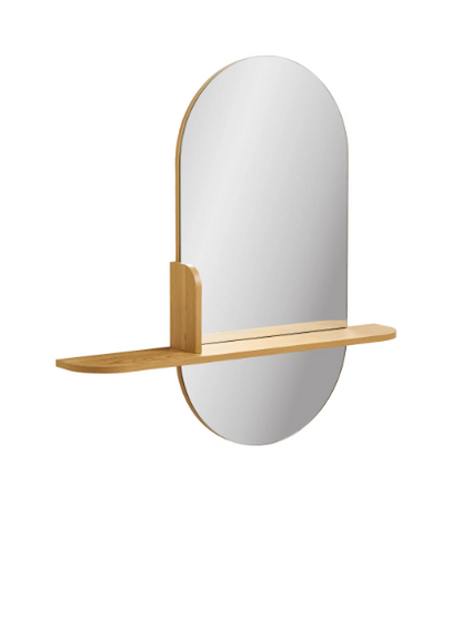 Vue trois quarts du miroir Barco avec étagère murale design minimaliste