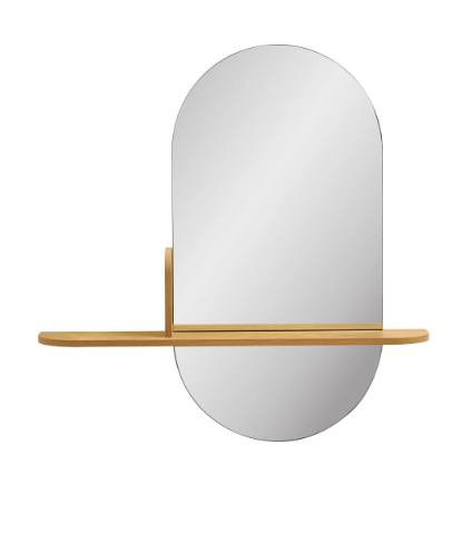 Miroir mural Barco avec étagère en bois naturel sur fond blanc