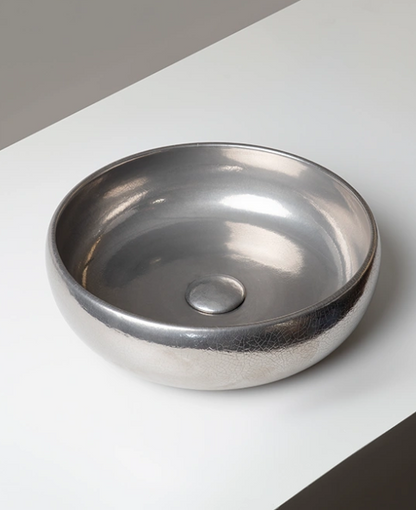 Vasque circulaire à poser Chocolat Métal Craquelé Platine mat