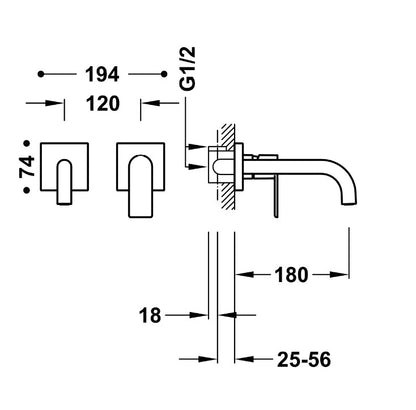 Mitigeur lavabo encastré, 20030001AC-ACIER bec 180mm